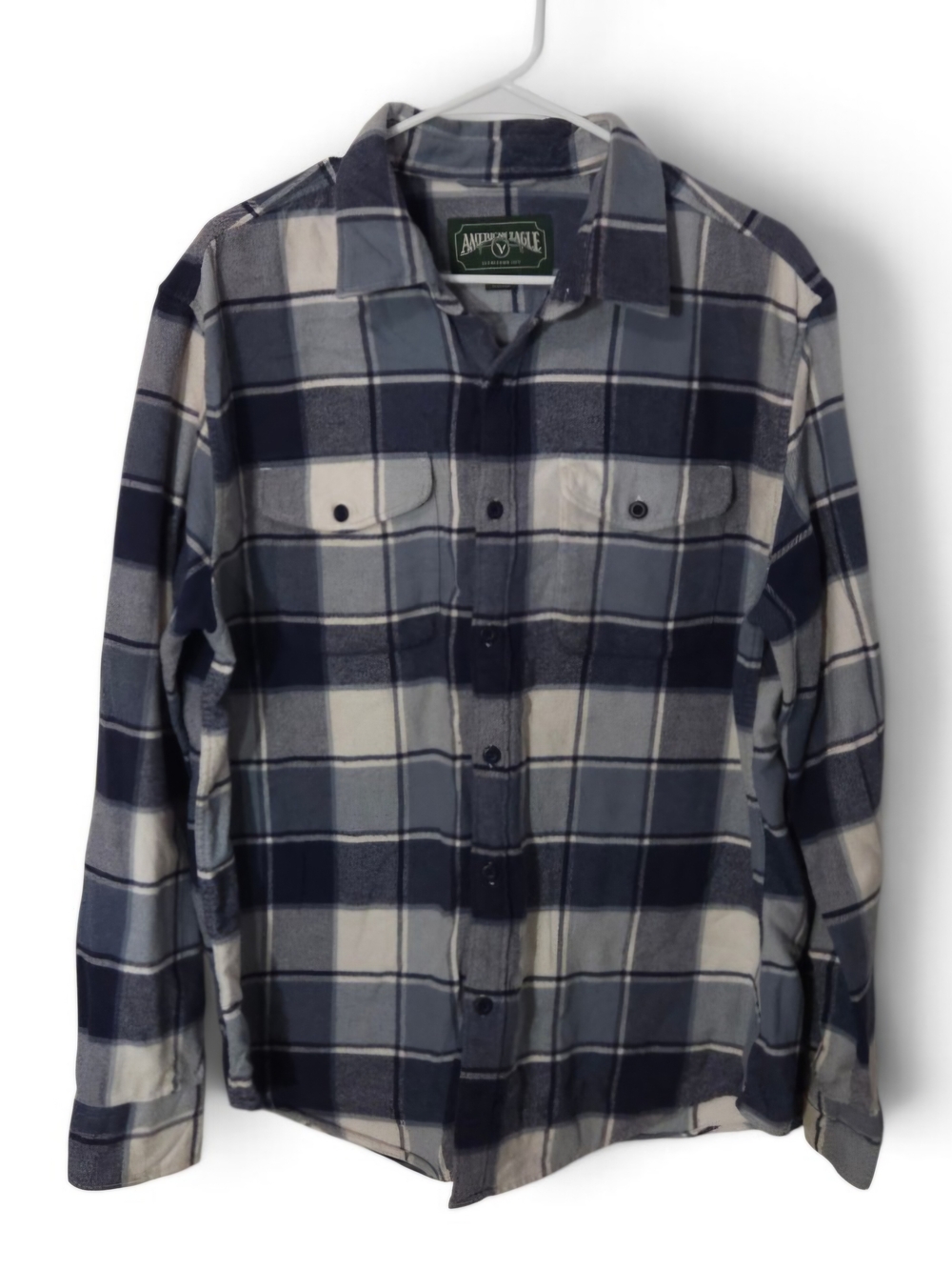 American Eagle Outfitters Navy, Light Blue & White Plaid Button-Down Shirt - Men